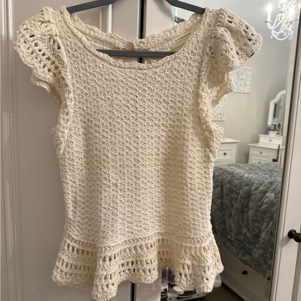 Anthropologie Cream Crochet Knit Peplum Cap-Sleeve Top